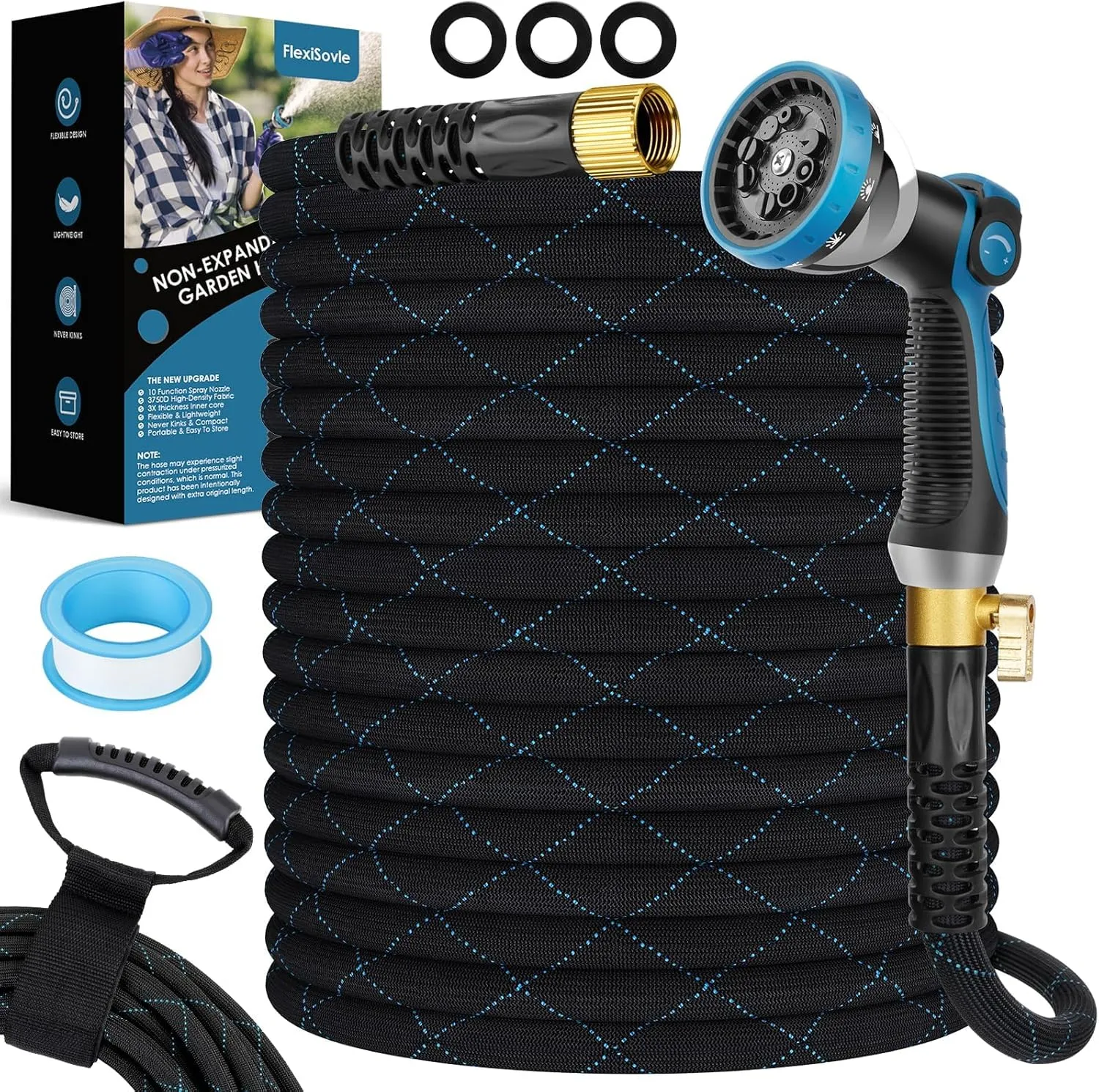 Garden Hose 100 ft, NON-EXPANDABLE Ultra Lightweight & Flexible Water Hose With 10-Pattern Spray Nozzle, Kink-Resistant, Leak-Proof, 3750D High-Density Fabric & Shut-Off Valve, Hose Straps