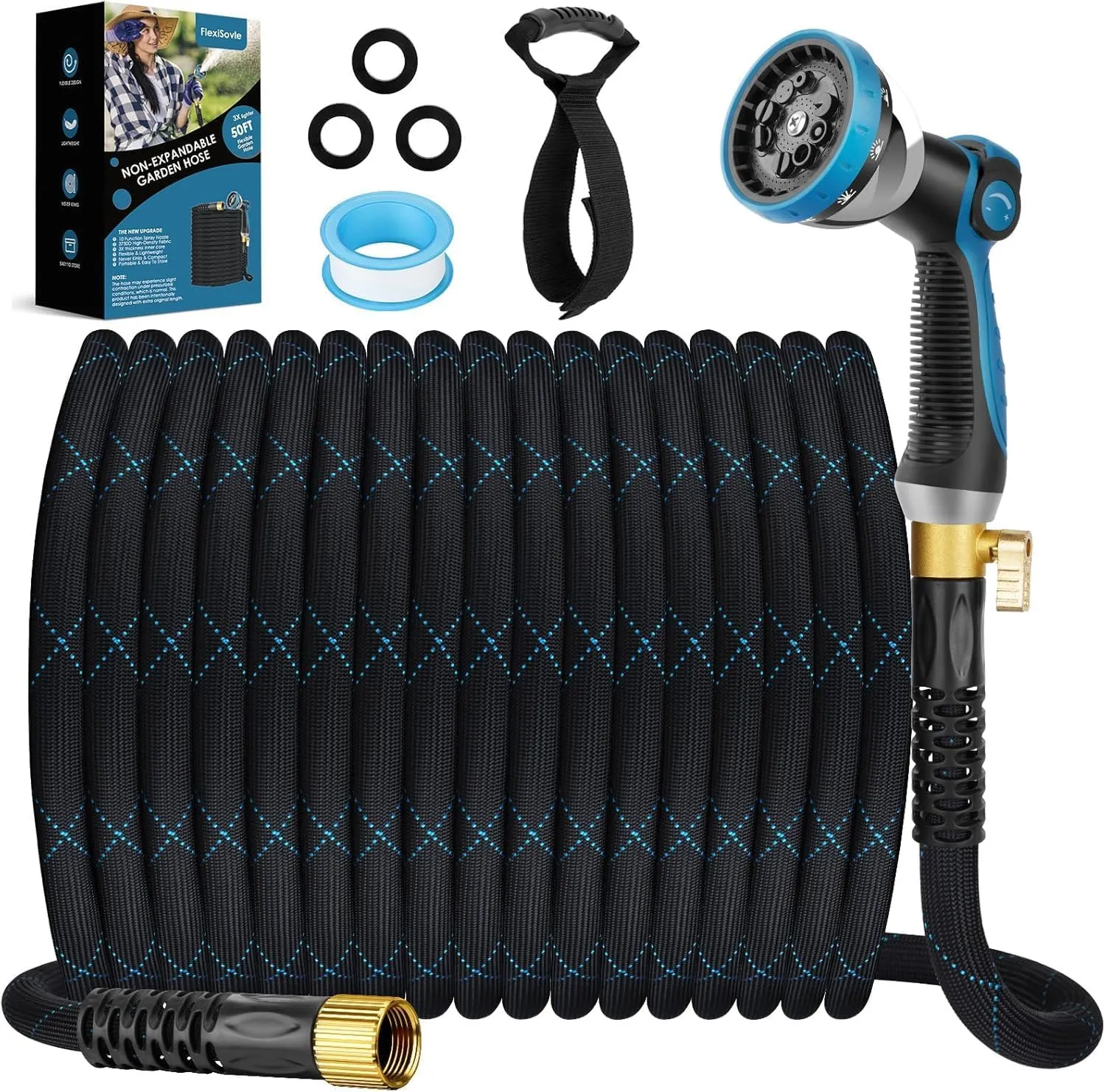 Garden Hose 100 ft, NON-EXPANDABLE Ultra Lightweight & Flexible Water Hose With 10-Pattern Spray Nozzle, Kink-Resistant, Leak-Proof, 3750D High-Density Fabric & Shut-Off Valve, Hose Straps