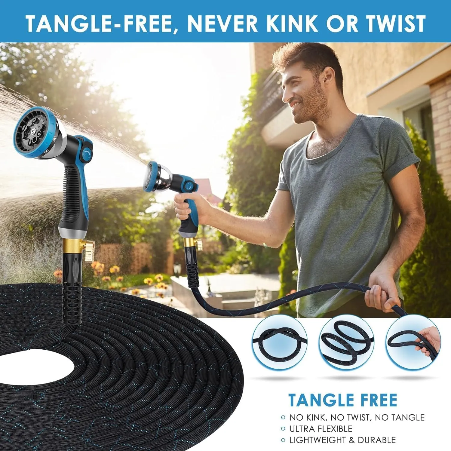 Garden Hose 100 ft, NON-EXPANDABLE Ultra Lightweight & Flexible Water Hose With 10-Pattern Spray Nozzle, Kink-Resistant, Leak-Proof, 3750D High-Density Fabric & Shut-Off Valve, Hose Straps