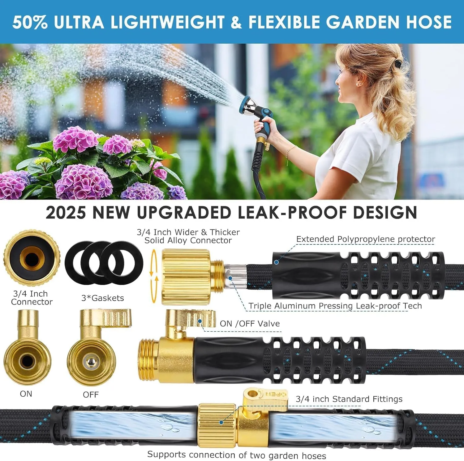 Garden Hose 100 ft, NON-EXPANDABLE Ultra Lightweight & Flexible Water Hose With 10-Pattern Spray Nozzle, Kink-Resistant, Leak-Proof, 3750D High-Density Fabric & Shut-Off Valve, Hose Straps