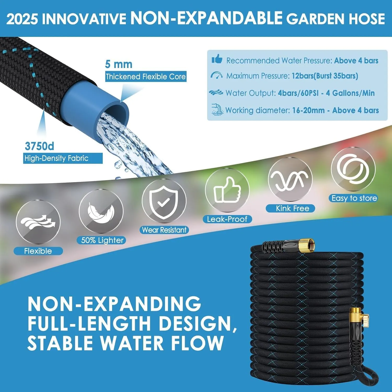 Garden Hose 100 ft, NON-EXPANDABLE Ultra Lightweight & Flexible Water Hose With 10-Pattern Spray Nozzle, Kink-Resistant, Leak-Proof, 3750D High-Density Fabric & Shut-Off Valve, Hose Straps