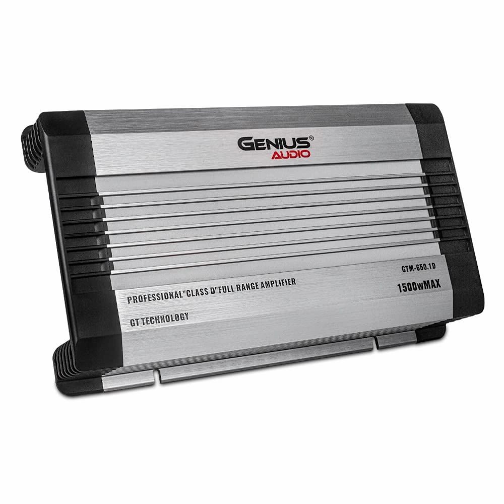 Genius Audio GTM-650.1D Compact Full Range Powered Car Amplifier Monoblock 1500 Watts Max Class D 1-Ohm Stable with Power Protection System and Bass Boost for Speaker and Woofer Performance