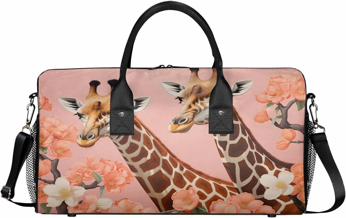 Giraffe Travel Duffle Bag for Women Men Foldable Waterproof Weekender Bag Carry on Tote for Overnight Sports Gym Watercolor Giraffe and Flower