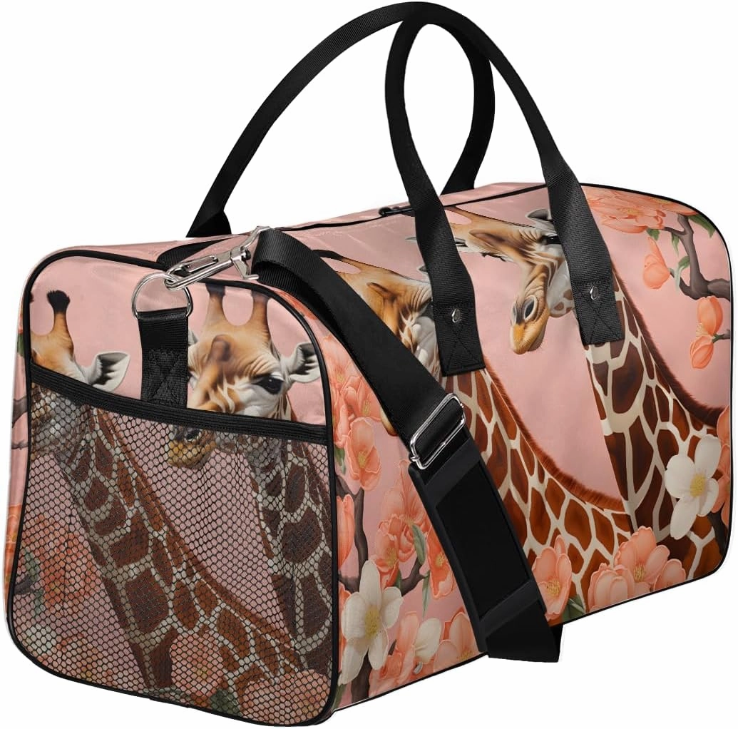 Giraffe Travel Duffle Bag for Women Men Foldable Waterproof Weekender Bag Carry on Tote for Overnight Sports Gym Watercolor Giraffe and Flower