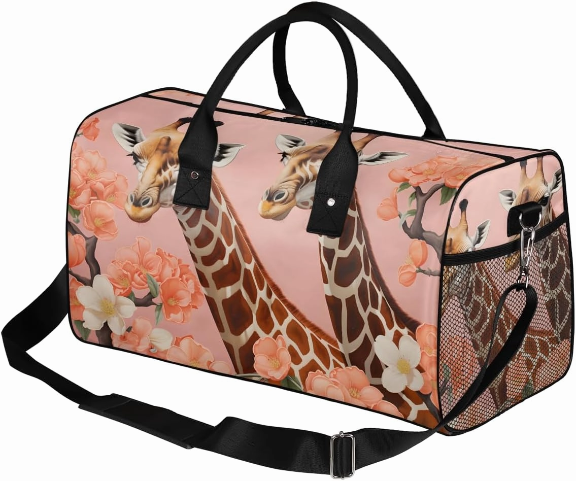 Giraffe Travel Duffle Bag for Women Men Foldable Waterproof Weekender Bag Carry on Tote for Overnight Sports Gym Watercolor Giraffe and Flower
