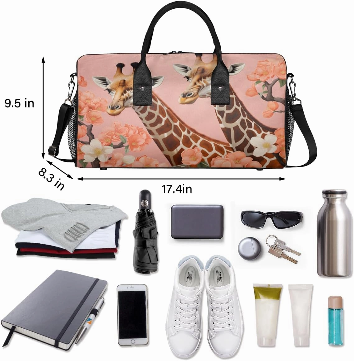 Giraffe Travel Duffle Bag for Women Men Foldable Waterproof Weekender Bag Carry on Tote for Overnight Sports Gym Watercolor Giraffe and Flower
