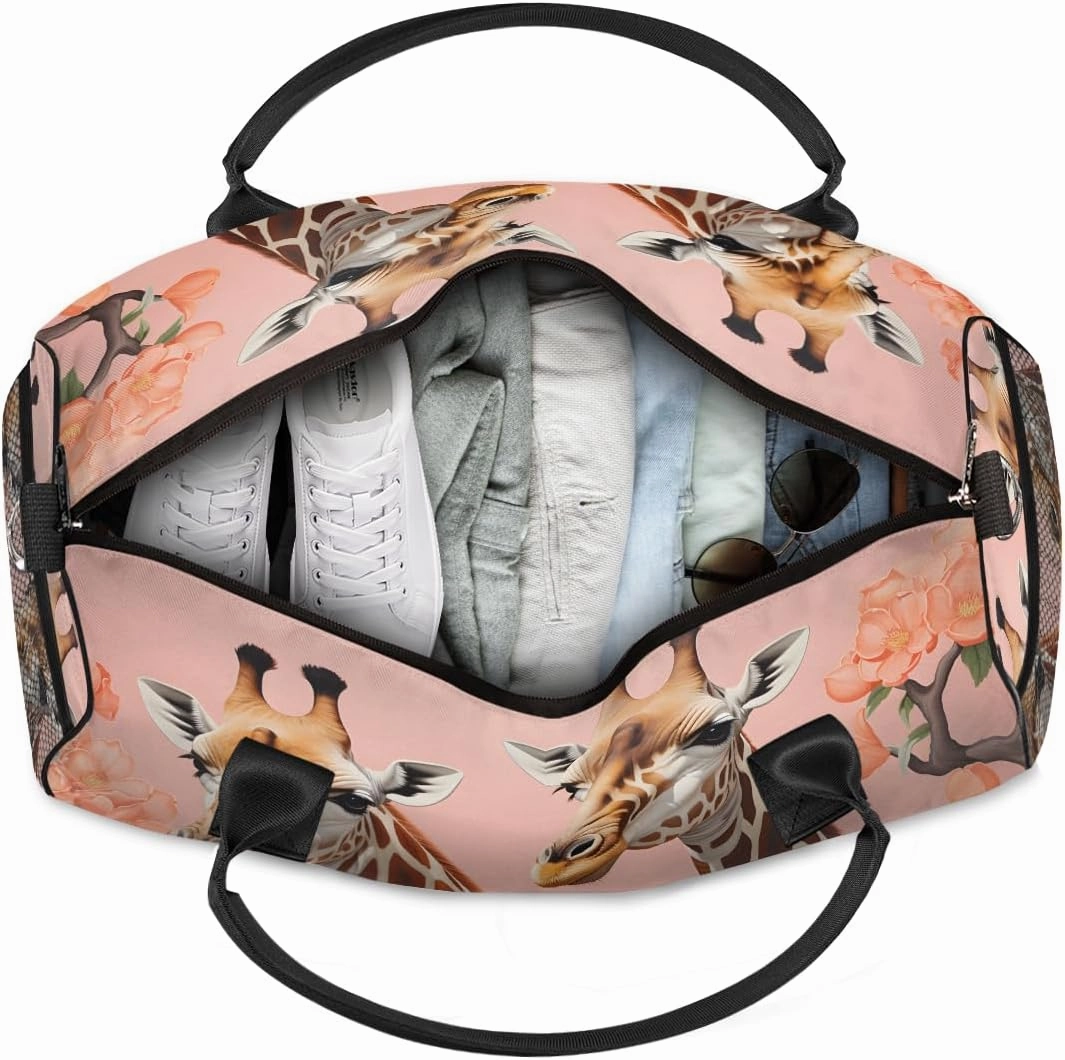 Giraffe Travel Duffle Bag for Women Men Foldable Waterproof Weekender Bag Carry on Tote for Overnight Sports Gym Watercolor Giraffe and Flower
