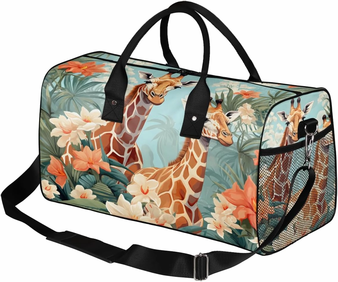 Giraffe Travel Duffle Bag for Women Men Foldable Waterproof Weekender Bag Carry on Tote for Overnight Sports Gym Watercolor Giraffes