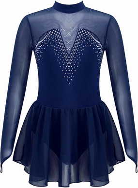Girls' Ice Figure Skating Dress Long Sleeve Shiny Rhinestones Skirted Leotard Dresses Dancewear
