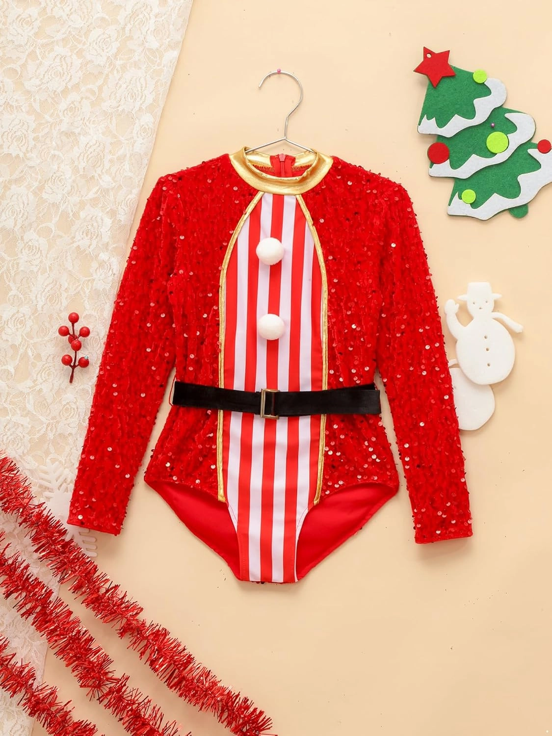 Girls Dance Figure Skating Leotard Gymnastics Bodysuit Jumpsuit Christmas Candy Cane Costume