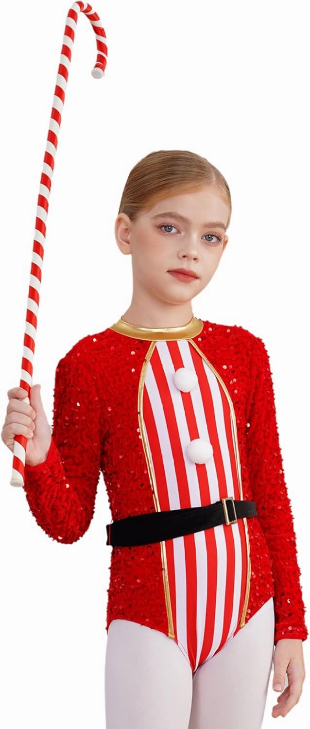 Girls Dance Figure Skating Leotard Gymnastics Bodysuit Jumpsuit Christmas Candy Cane Costume
