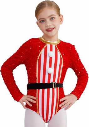 Girls Dance Figure Skating Leotard Gymnastics Bodysuit Jumpsuit Christmas Candy Cane Costume