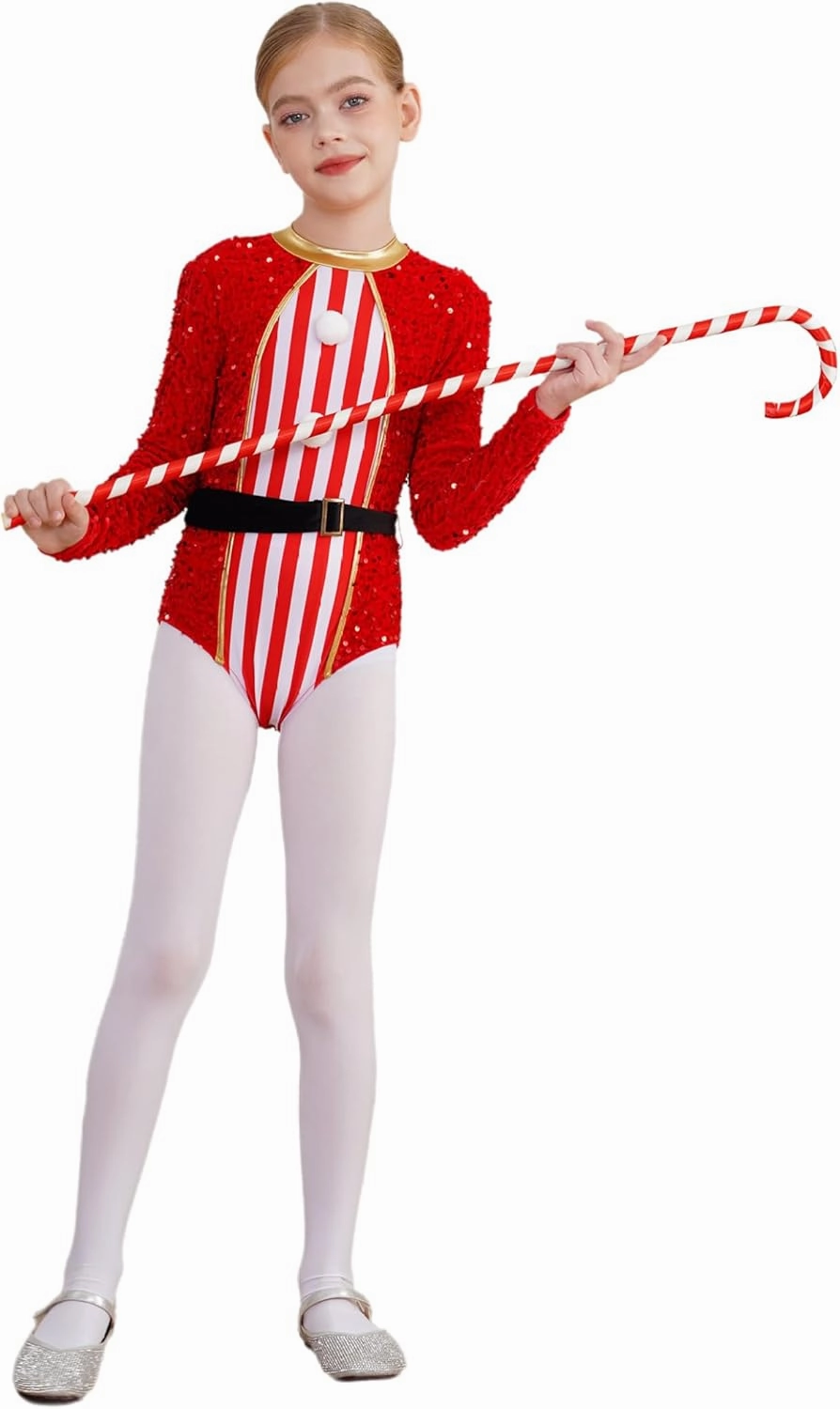 Girls Dance Figure Skating Leotard Gymnastics Bodysuit Jumpsuit Christmas Candy Cane Costume