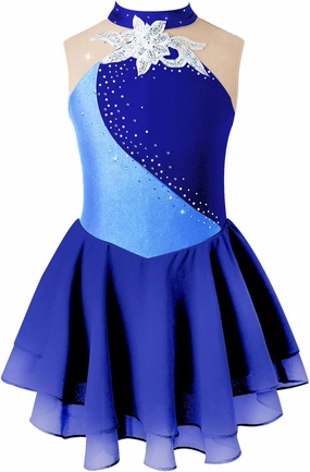 Girls Sequins Ballet Figure Ice Skating Dress Kids Sleeveless Floral Printed Tutu Skirted Leotard Dance Costume Navy Blue 8 Years