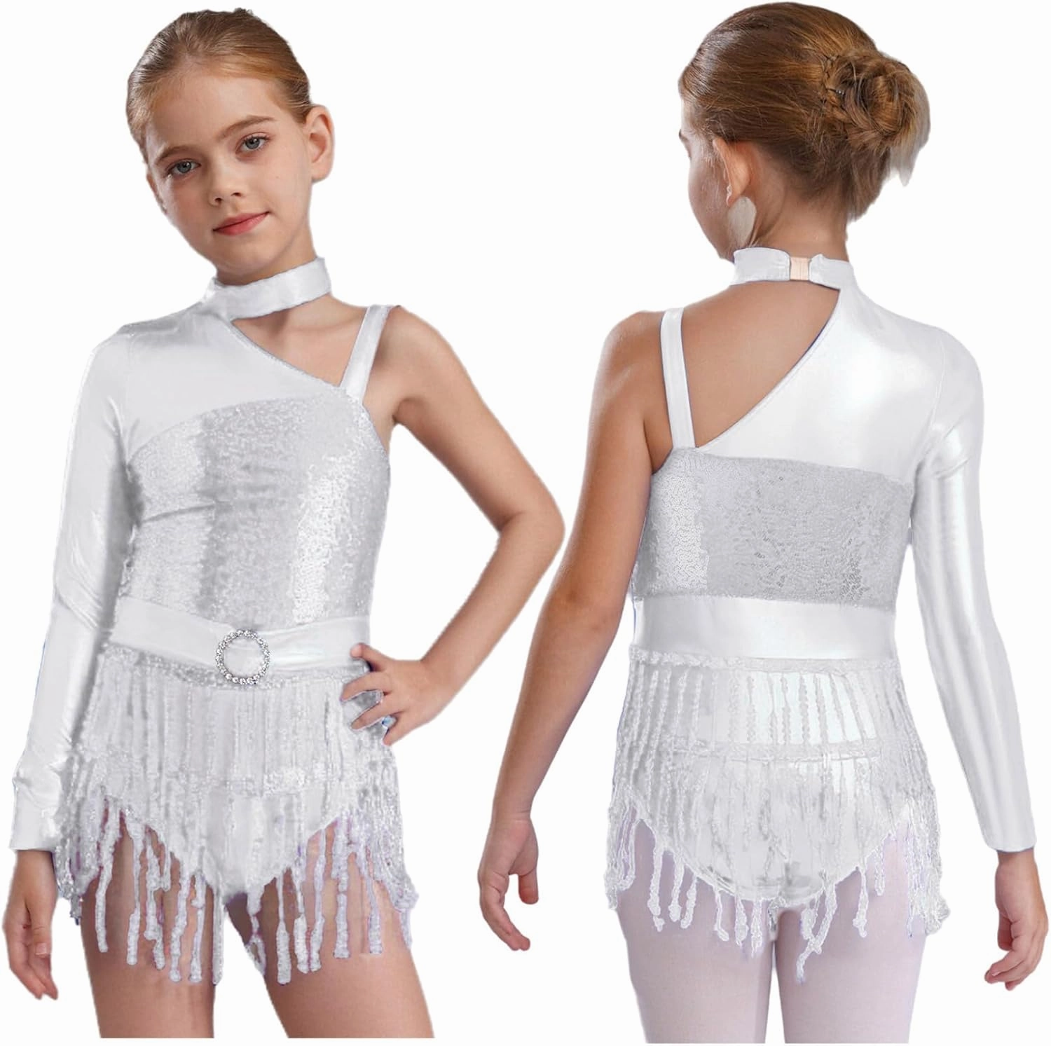 Girls Sequins Latin Dance Dress Leotard Ballroom Samba Rumba Jazz Fringe Skirts Tassel Bodysuit
