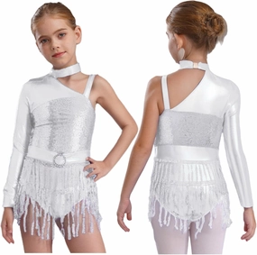 Girls Sequins Latin Dance Dress Leotard Ballroom Samba Rumba Jazz Fringe Skirts Tassel Bodysuit
