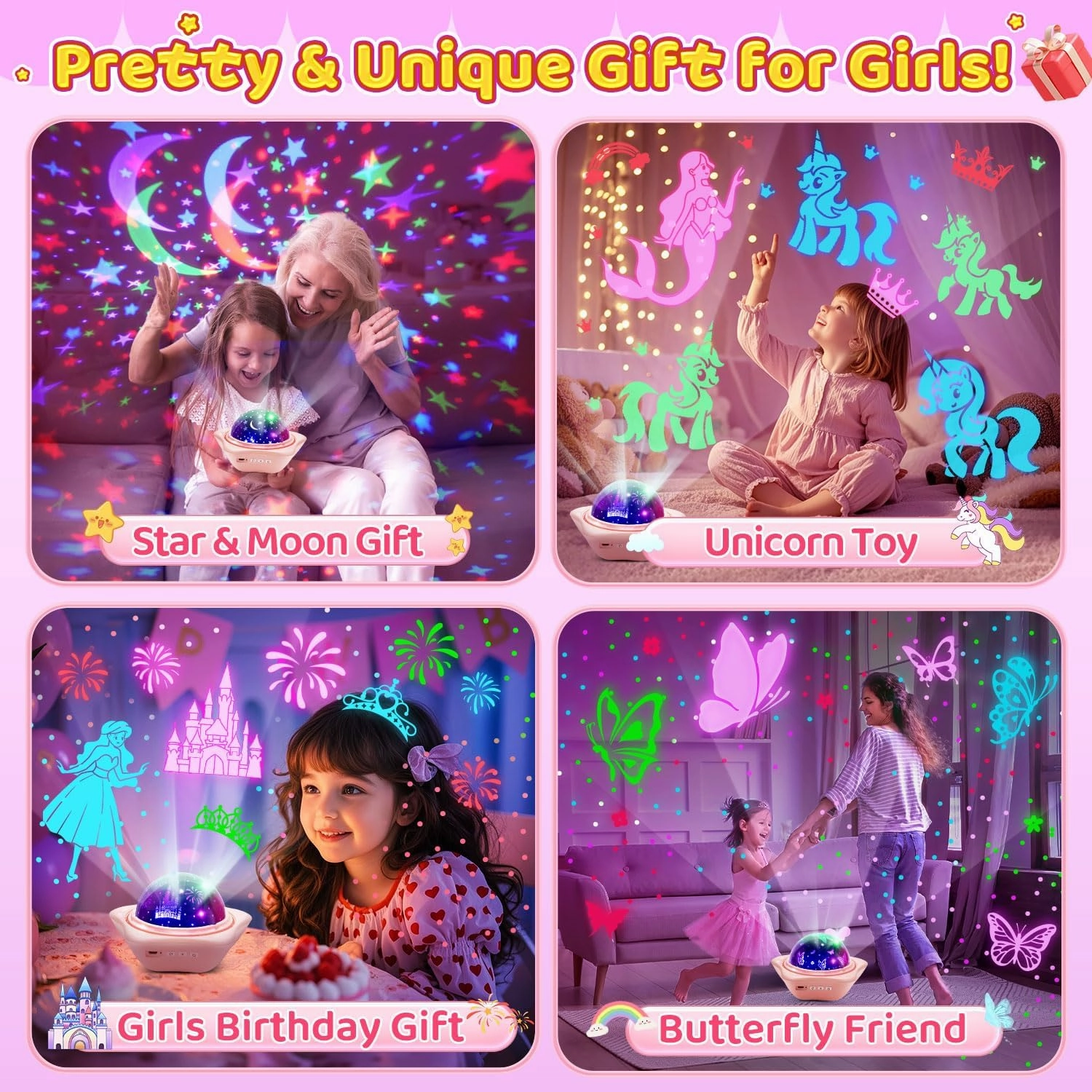 Girls Toys, 【6 Slides 96 Projections】Unicorn Night Light Projector,【Unicorn Mermaid Princess】Girls Toys 0-14,Star&Moon Projector for 3 Year Old Girl Gifts, Birthday Gifts,Juguetes para Niñas,Baby Gift