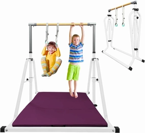 GLANT Gymnastics Bar for Kids with Rings Set, 7 Heights Adjustable Easy Folding Gymnastic Training Bar Kids Monkey Horizontal Bars - Max Load 300LBS