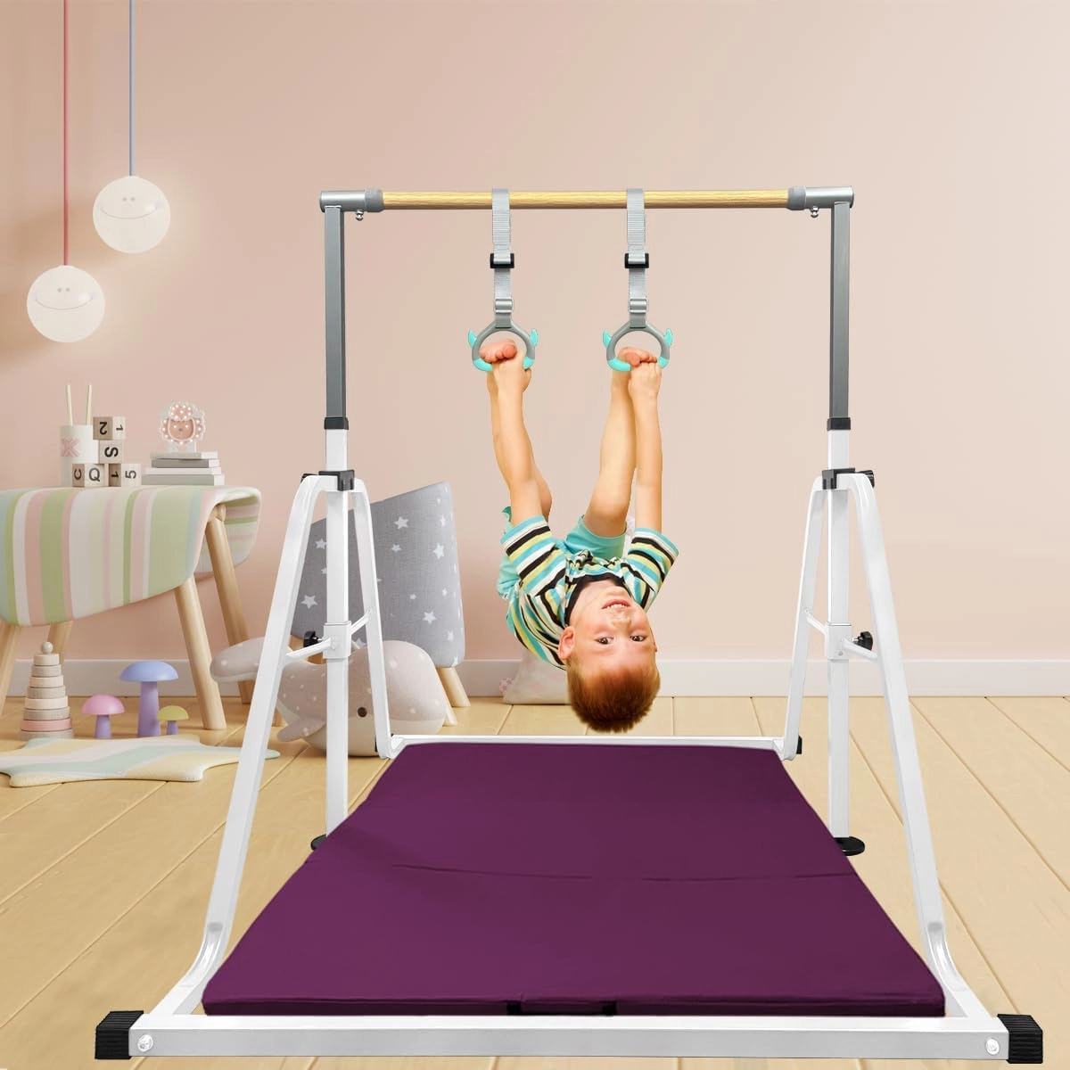 GLANT Gymnastics Bar for Kids with Rings Set, 7 Heights Adjustable Easy Folding Gymnastic Training Bar Kids Monkey Horizontal Bars - Max Load 300LBS