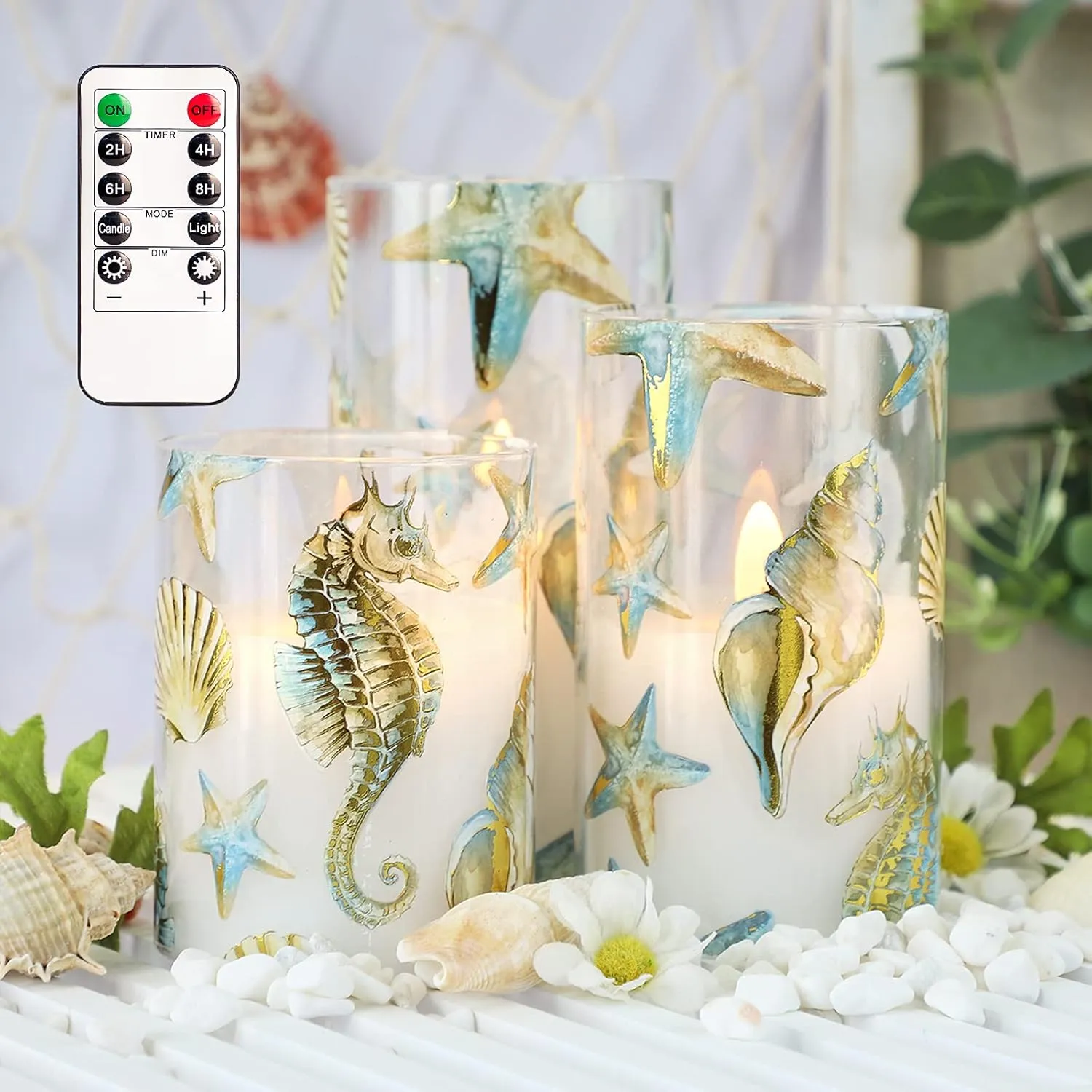 Glass Flameless LED Pillar Candles with Remote and Timer - Nautical Theme Set of 3 Battery Operated Flickering Seahorse Shell Candles for Home Decor