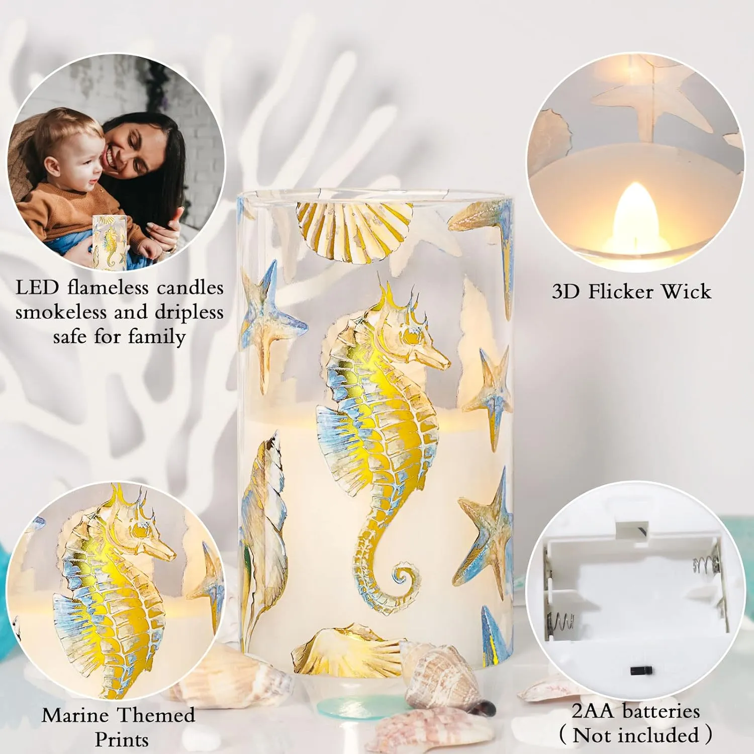 Glass Flameless LED Pillar Candles with Remote and Timer - Nautical Theme Set of 3 Battery Operated Flickering Seahorse Shell Candles for Home Decor