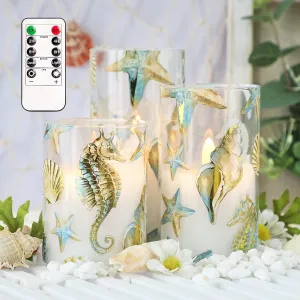 Glass Flameless LED Pillar Candles with Remote and Timer - Nautical Theme Set of 3 Battery Operated Flickering Seahorse Shell Candles for Home Decor