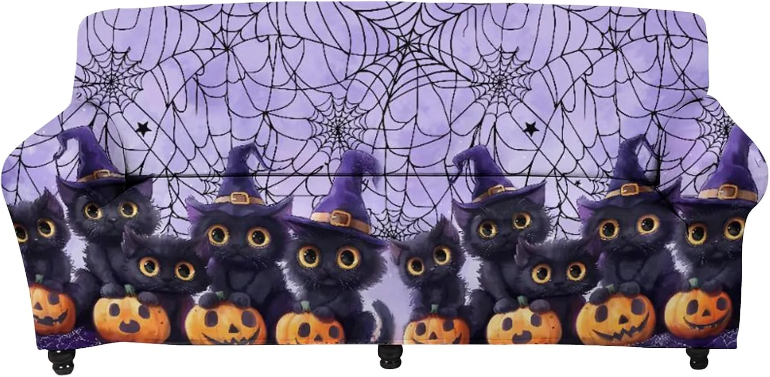 GLENLCWE Black Cat Pumpkin Purple Cobweb Sofa Couch Covers,Stretch 1Piece Halloween Couch Slipcover Sofa Slipcover for 4 Cushion Couch for Kids Pet Halloween Home Decor
