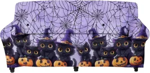 GLENLCWE Black Cat Pumpkin Purple Cobweb Sofa Couch Covers,Stretch 1Piece Halloween Couch Slipcover Sofa Slipcover for 4 Cushion Couch for Kids Pet Halloween Home Decor