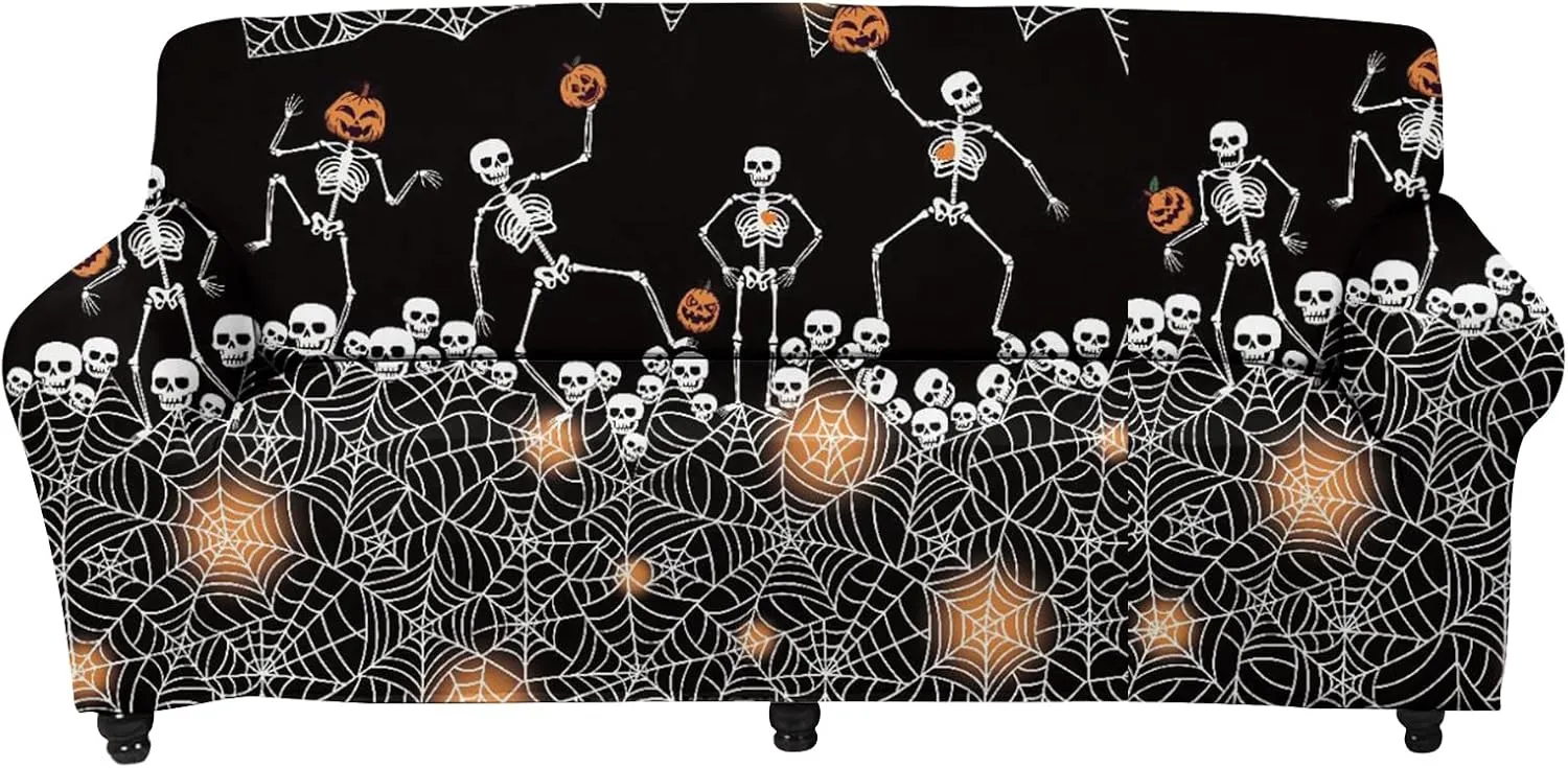GLENLCWE Dance Skeleton Cobweb Sofa Cover 1Piece Couch Cover Halloween Sofa Slipcover Washable Furniture Sofa Cover Home Decoration for Halloween