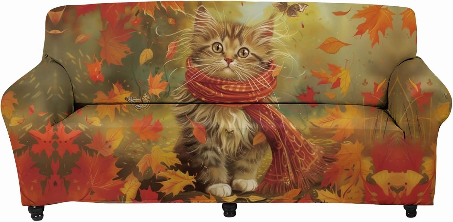 GLENLCWE Fall Maple Leaves Sofa Slipcover for 4 Cushion Couch,Cute Cat Print Stretch Sofa Couch Cover with Elastic Bottom Non Slip Protector with Elastic Bottom