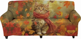 GLENLCWE Fall Maple Leaves Sofa Slipcover for 4 Cushion Couch,Cute Cat Print Stretch Sofa Couch Cover with Elastic Bottom Non Slip Protector with Elastic Bottom