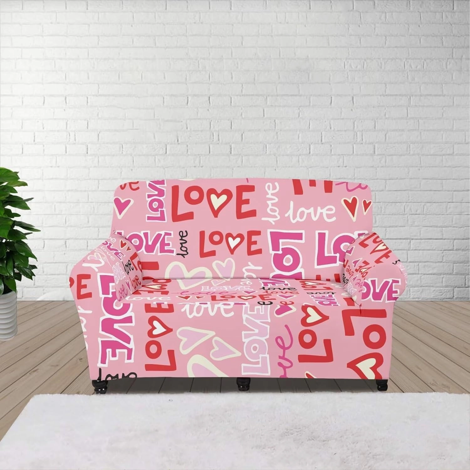 GLENLCWE Pink Valentines Day Love Sofa Couch Cover for 2 Cushion Couches Stretch Sofa Slipcovers with Elastic Bottom for Home Living Room Decor
