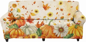 GLENLCWE Pumpkin Maple Leaves Sofa Cover,1Piece Stretch Couch Cover Gift Fall Autumn Sofa Slipcover for 4 Cushion Couch,Thanksgiving Furniture Cloth Washable