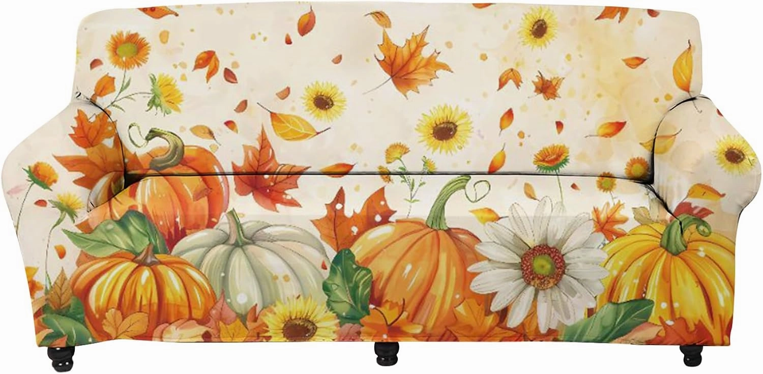GLENLCWE Pumpkin Maple Leaves Sofa Cover,1Piece Stretch Couch Cover Gift Fall Autumn Sofa Slipcover for 4 Cushion Couch,Thanksgiving Furniture Cloth Washable
