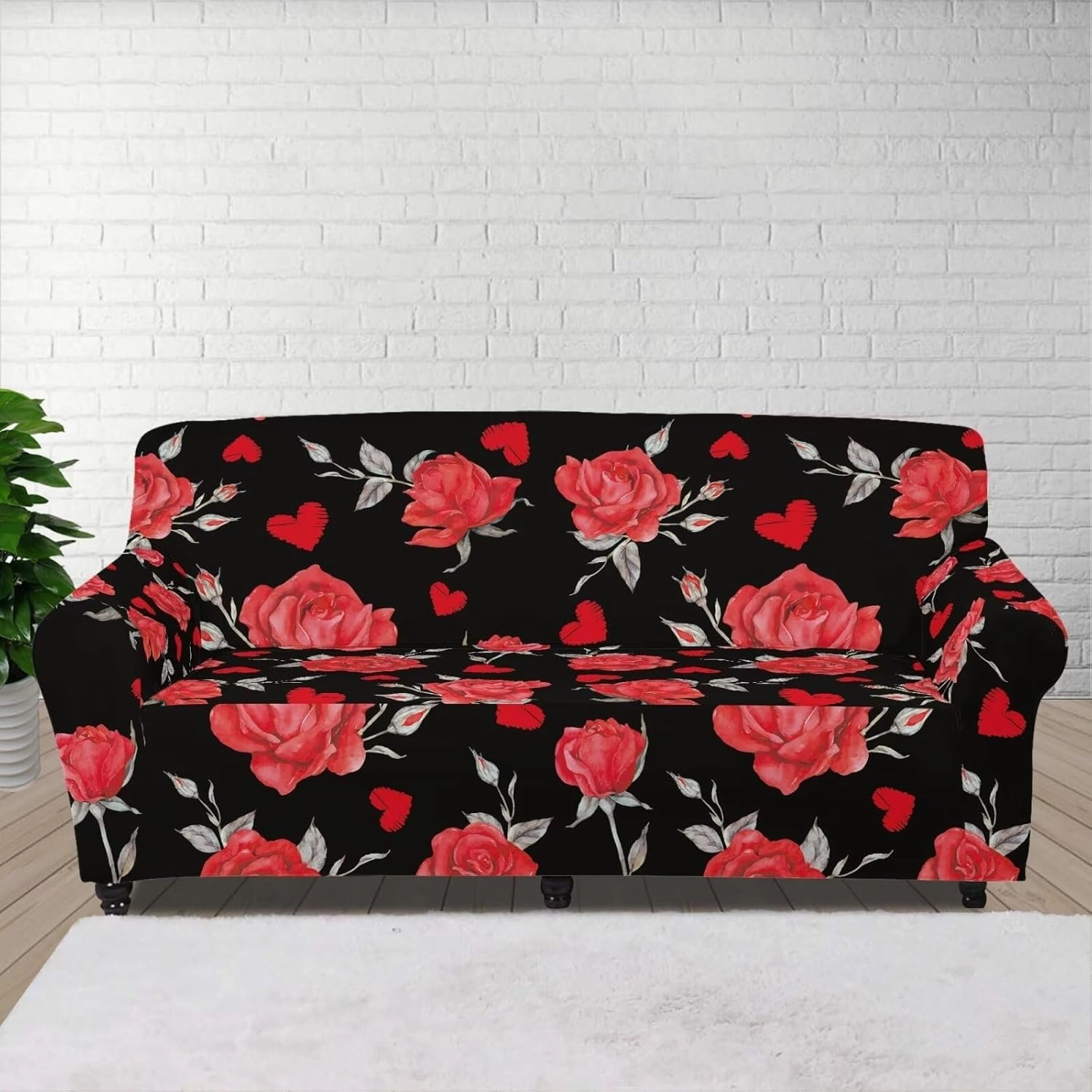 GLENLCWE Valentines Day Rose Sofa Couch Cover for 3 Cushion Couches Stretch Sofa Slipcovers with Elastic Bottom for Home Living Room Decor