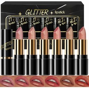 Glitter Lipstick Set, 6 Colors Pink Orange Brown Metallic Lip Stick, Long Lasting Gold Shimmer Lip Balm Sparkling Hydrating Diamond Shiny Lip Crayon Tint Non-sticky Lightweight Makeup for Women