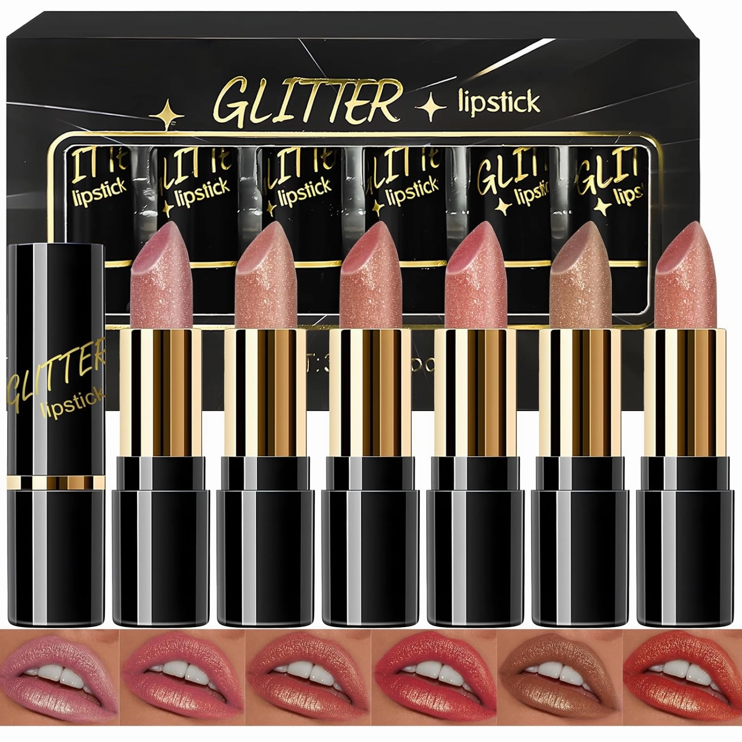 Glitter Lipstick Set, 6 Colors Pink Orange Brown Metallic Lip Stick, Long Lasting Gold Shimmer Lip Balm Sparkling Hydrating Diamond Shiny Lip Crayon Tint Non-sticky Lightweight Makeup for Women