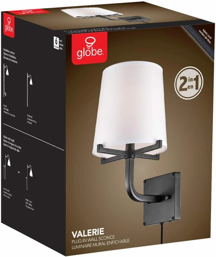 Globe Electric 51515 Valerie 1-Light Plug-in or Hardwire Wall Sconce, 6ft Black Fabric Covered Cord, Inline On/Off Rocker Switch, Dark Bronze with White Shade, Bulb Not Included