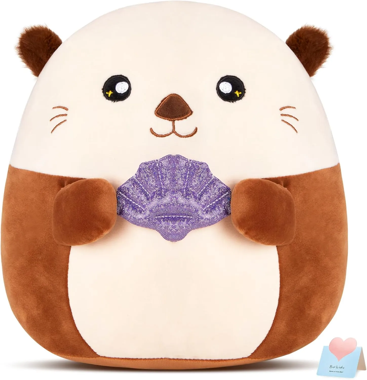 Glow Guards 12” Sea Otter Plush Pillow with Fuzzy Ears,Cute Otter Stuffed Animal,Soft Plushies Pillow Kawaii Otter Plush Toys with Glitter Purple Seashell,Otter Toys Gift for Girls Boys Birthday