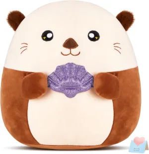 Glow Guards 12” Sea Otter Plush Pillow with Fuzzy Ears,Cute Otter Stuffed Animal,Soft Plushies Pillow Kawaii Otter Plush Toys with Glitter Purple Seashell,Otter Toys Gift for Girls Boys Birthday