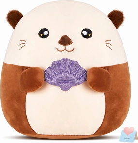 Glow Guards 12” Sea Otter Plush Pillow with Fuzzy Ears,Cute Otter Stuffed Animal,Soft Plushies Pillow Kawaii Otter Plush Toys with Glitter Purple Seashell,Otter Toys Gift for Girls Boys Birthday