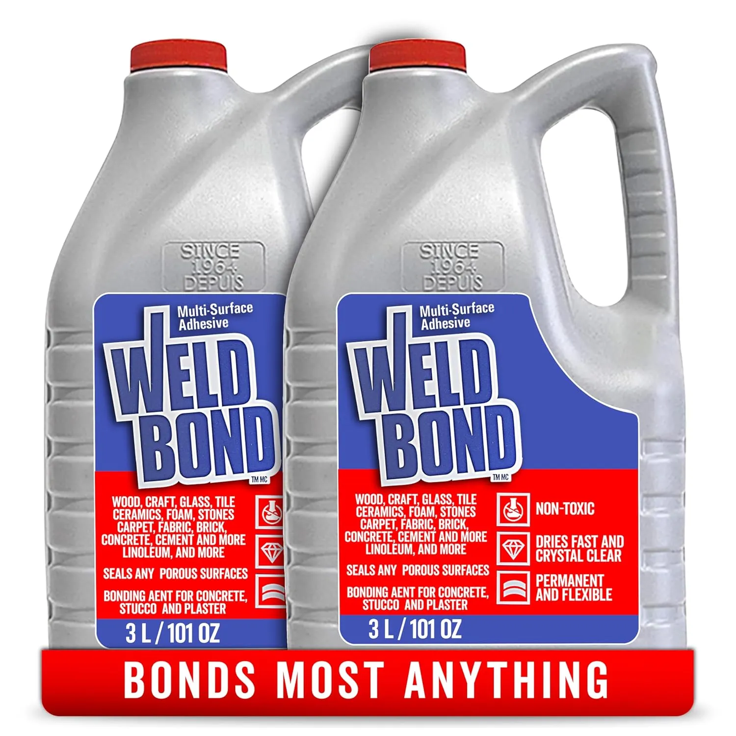 Glue - Bonds Most Anything! 3L /101 oz Non-Toxic Adhesive Glue For Wood Tile Glass Craft Foam Fabric Stone Cement & Concrete & Any Other Porous Surfaces. No Fume Non-Flammable PVA Glue Gallon