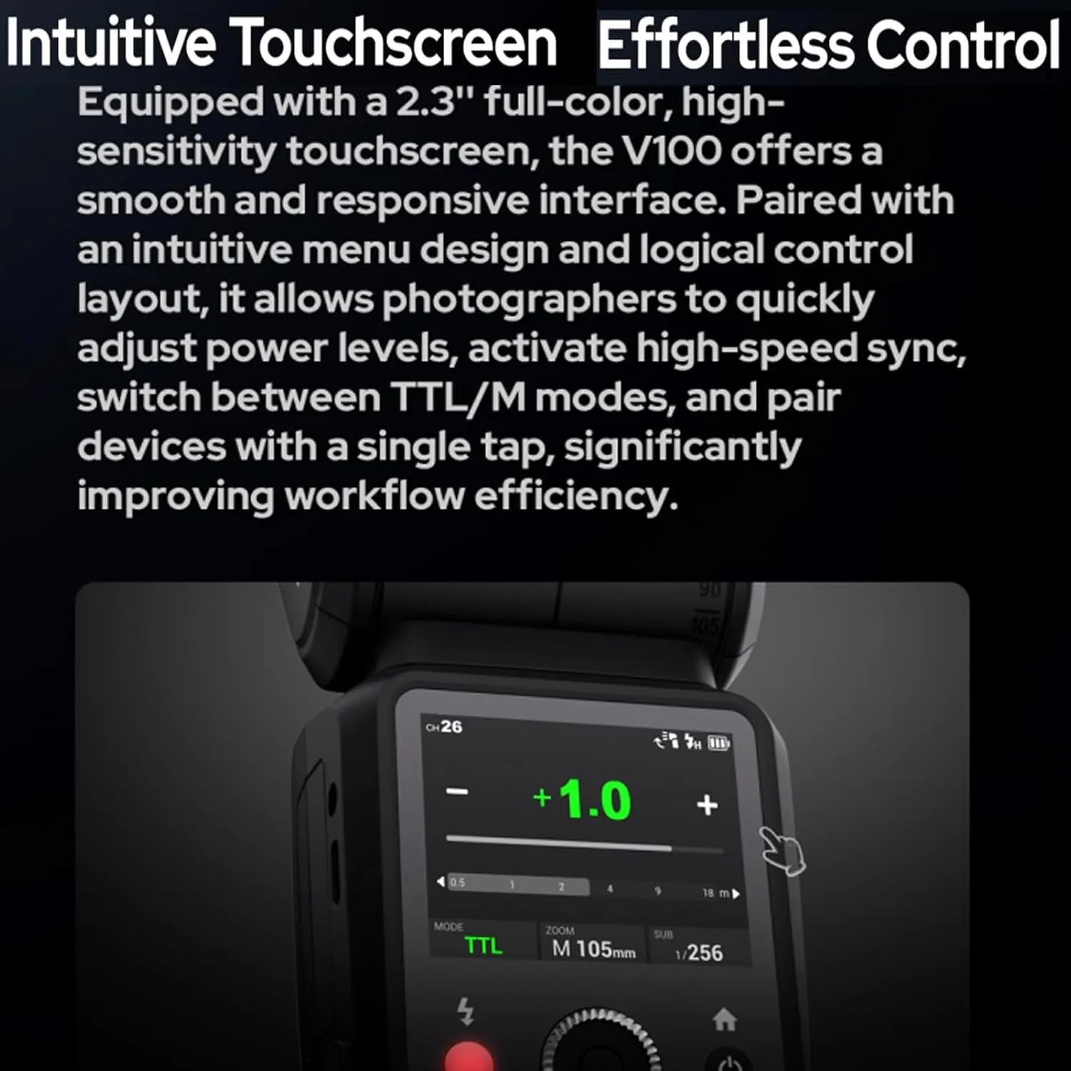 Godox V100 N V100-N 100Ws TTL Flash for Nikon Cameras, 400 Full Power Flashes, 1.7s Recycle Time, 2.4G Wireless with External Flash, HSS Speedlight, Touchscreen Flash (Godox V100-N USA Version)