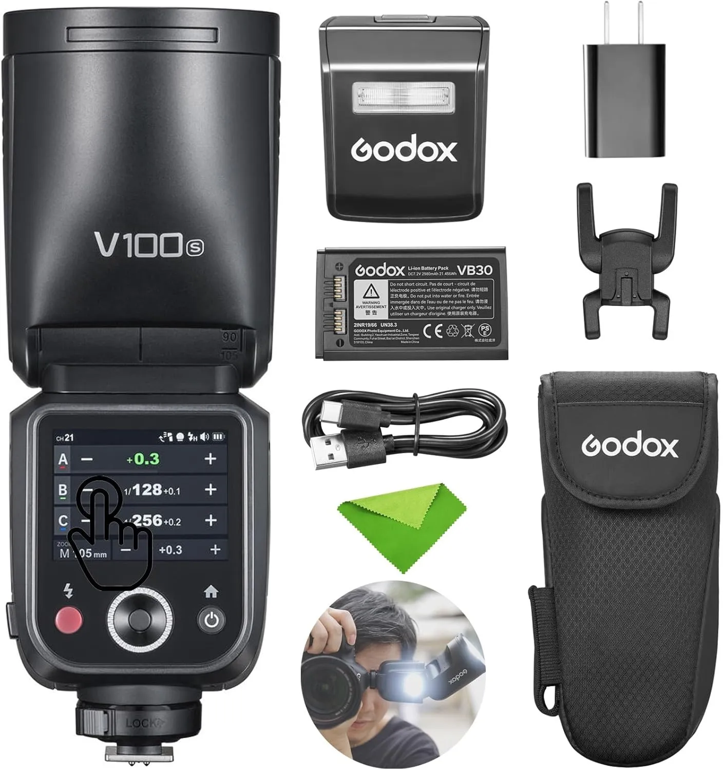Godox V100S V100-S 100Ws Flash for Sony TTL Speedlight, 400 Full Power Flashes, 1.7s Recycle Time, 2.4G Wireless with External Flash, Touchscreen Speedlite for Sony Cameras (Godox V100S USA Version)