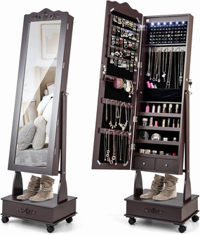 GOFLAME Jewelry Cabinet Armoire Freestanding, Lockable Jewelry Organizer with 3-position Adjustable Angle, Wheels, Full-length Mirror, Bottom Drawer, Jewelry Storage Box for Living Room Bedroom, Brown