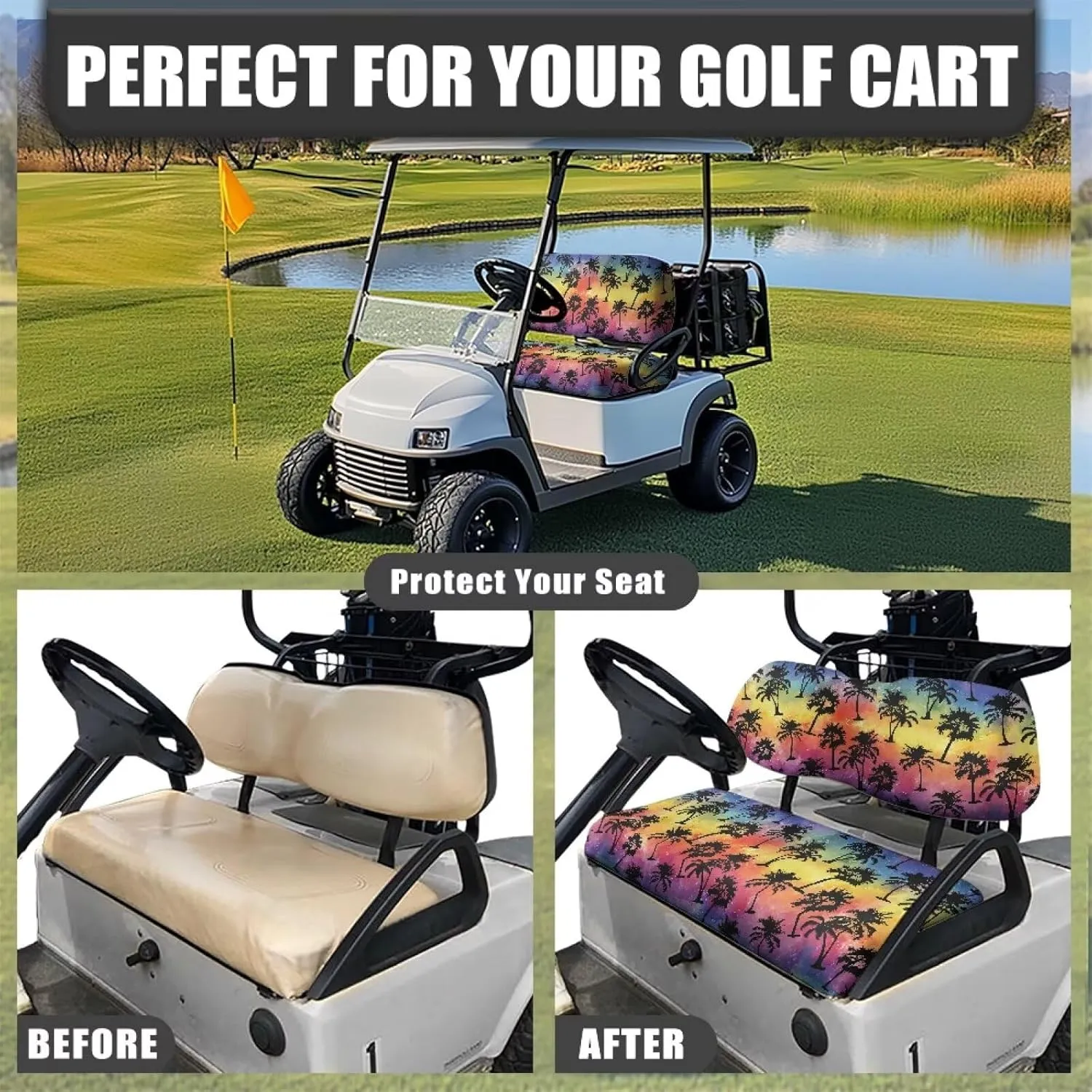 Golf Cart Seat Covers, Universal Fit & Nonskid Bottom Fits for Club Car 2 Person Seats Golf Carts