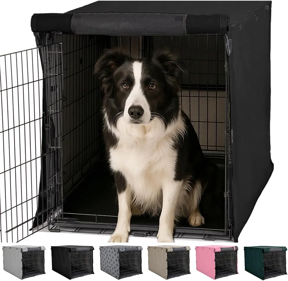 GORILLA GRIP Dog Crate Covers Compatible with Amazon Basics Dog Crates, All Sides Open, Privacy Cover Fits 36" Wire Kennel, Breathable Mesh Windows, Light Reducing Puppy Training Cage Topper, Black