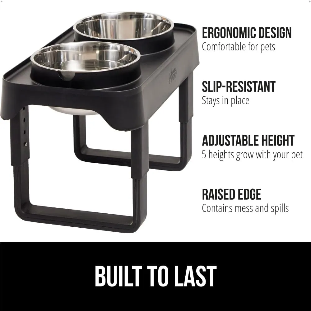 GORILLA GRIP Elevated Dog Bowls Stand, 6 Cup Stainless Steel Food Bowl Set of 2, 5 Height Adjustable Raised Feeding Station for Small Breed Puppy Dogs and Cats, Medium, Large Sized Pets Feeder, Black