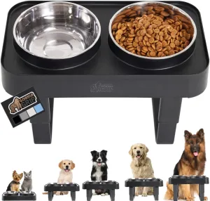 GORILLA GRIP Elevated Dog Bowls Stand, 6 Cup Stainless Steel Food Bowl Set of 2, 5 Height Adjustable Raised Feeding Station for Small Breed Puppy Dogs and Cats, Medium, Large Sized Pets Feeder, Black