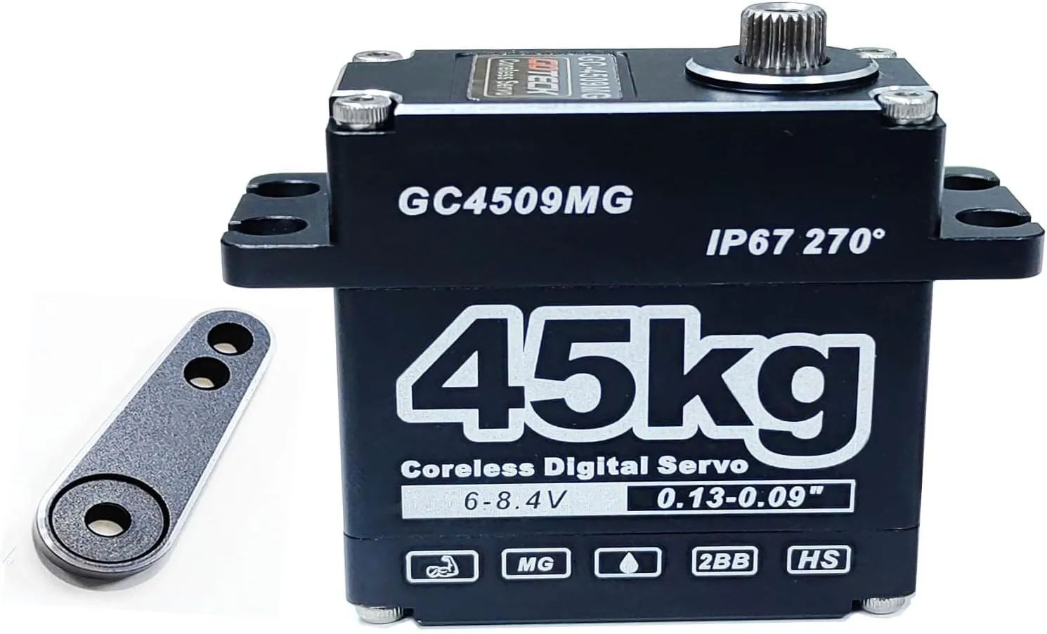 GOTECK 45KG Coreless Digital Servo,Large Torque 8.4V Full Metal Gear IP67 Waterproof Steering Servo with 25T Servo Horn for 1/6 1/8 1/10 RC Crawler Car,Robot,Boat,Truck Robot Parts (45KG(8.4V)-270°))